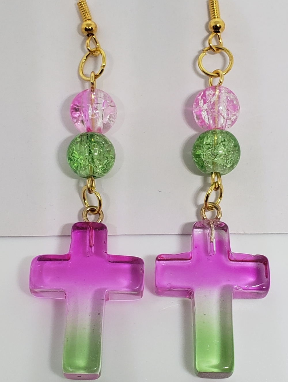 Handmade Beaded Glass Pink and Green Cross Dangle Earrings